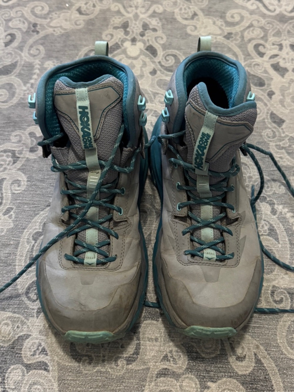 Hoka women’s Gray and Teal Trail Boots, size 10